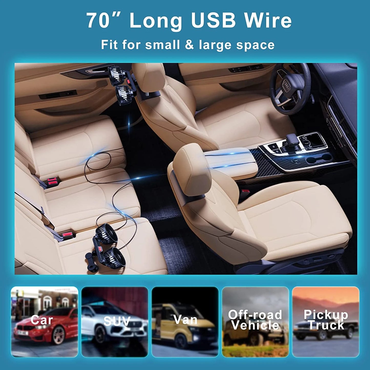 Car Fan 360° 3-speed Car Seat Back Cooling Fan USB Charge Dual Head Fan Adjustable Rotation Neck Cooler for Car Home Accessories