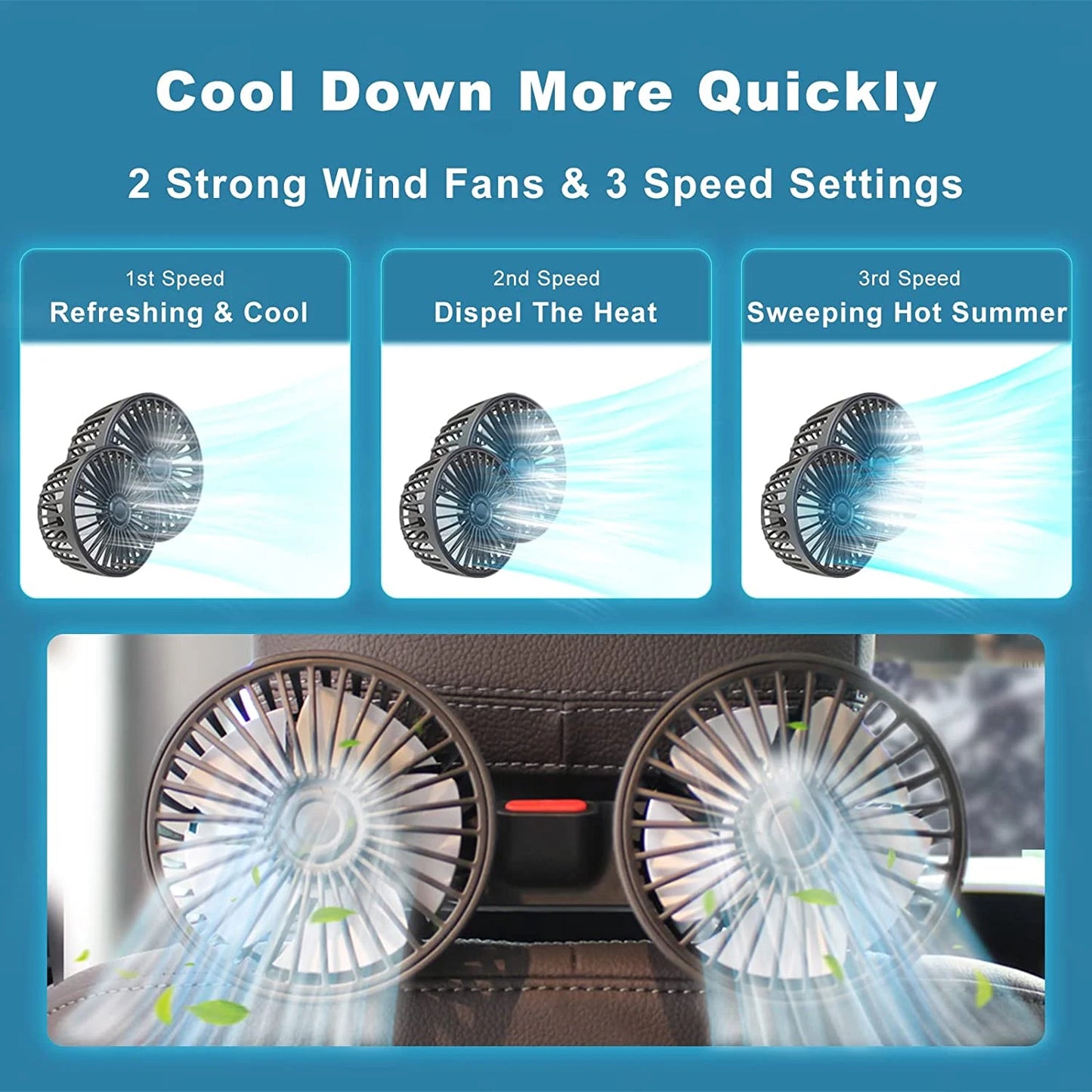 Car Fan 360° 3-speed Car Seat Back Cooling Fan USB Charge Dual Head Fan Adjustable Rotation Neck Cooler for Car Home Accessories